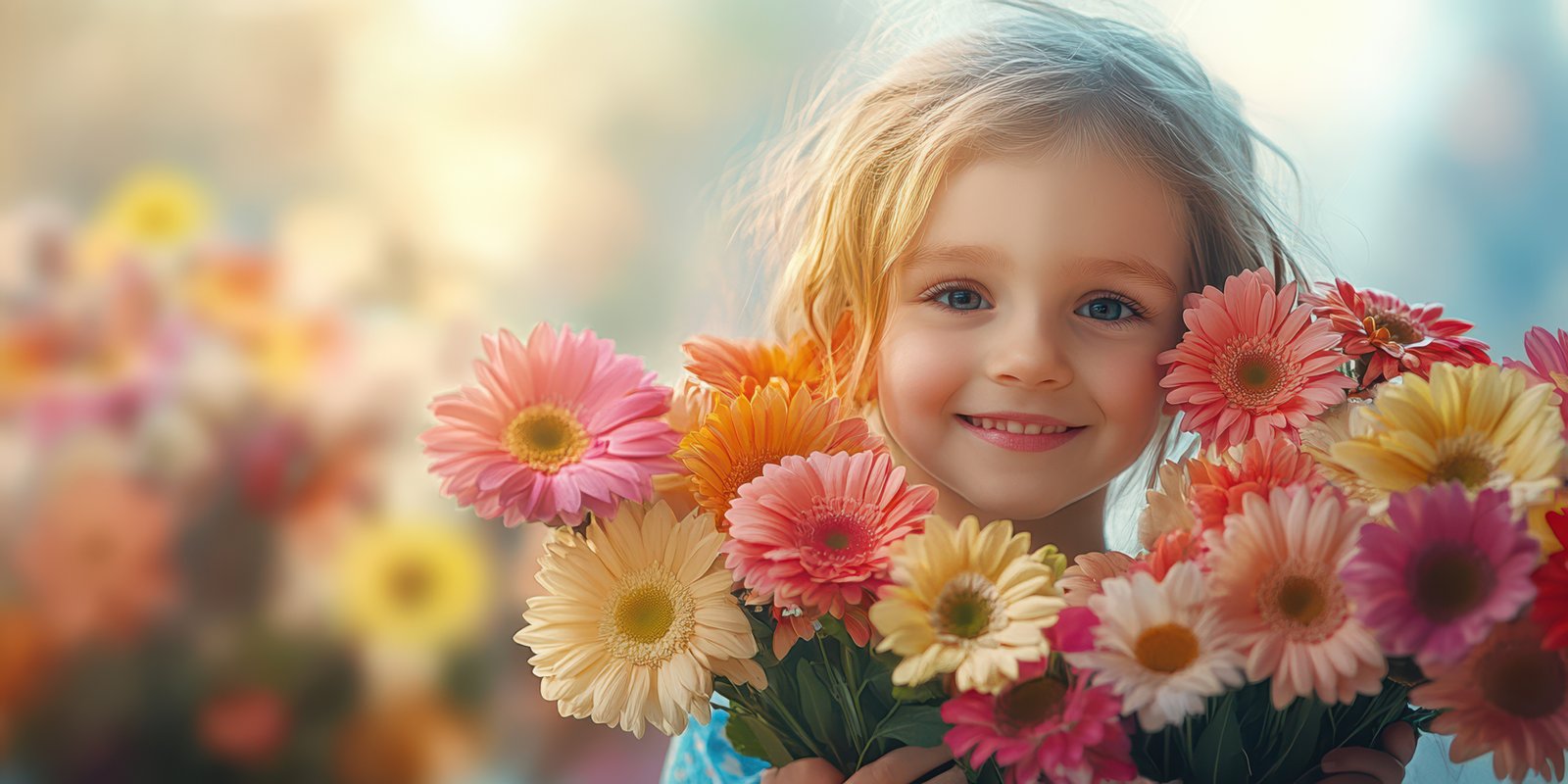 Young girl holds vibrant flowers while smiling in a sunlit garden filled with colorful blooms during a joyful spring day